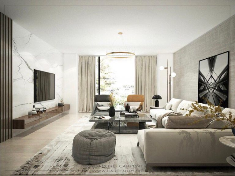 Living Room Interior Design with marble feature wall Renovation Singapore