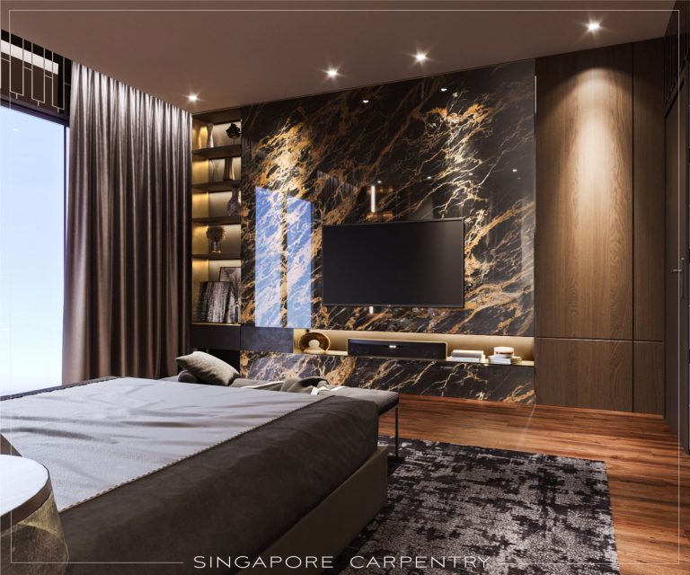 luxury and bold master bedroom interior with marble, high end carpentry