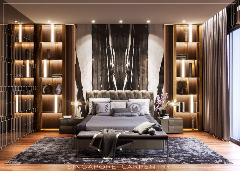 luxury and bold master bedroom interior with marble, high end carpentry