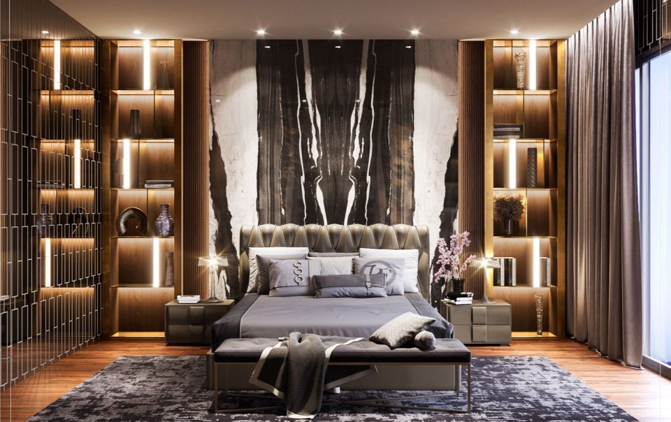 luxury and bold master bedroom interior with marble, high end carpentry