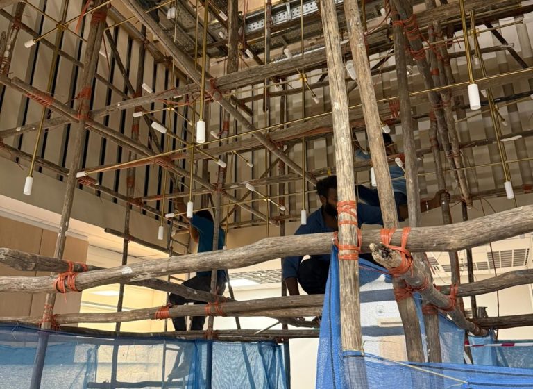 Scaffolding for big chandelier installation