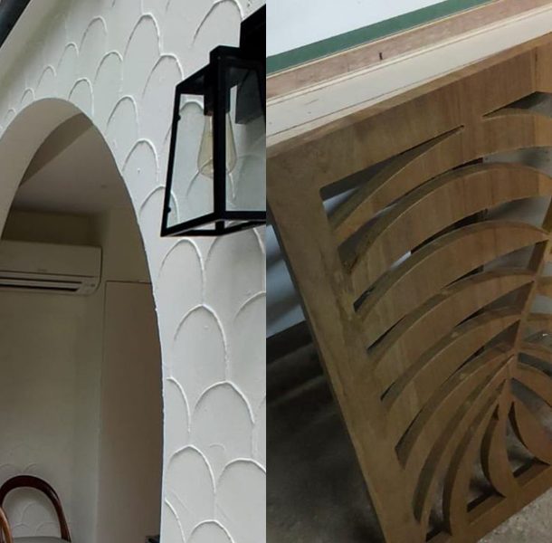 renovation in progress microcement wall arch and leaf cabinet