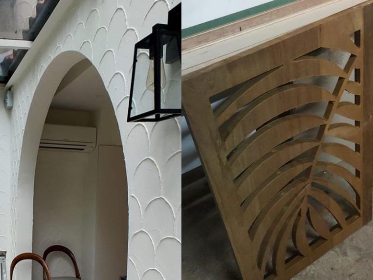 renovation in progress microcement wall arch and leaf cabinet
