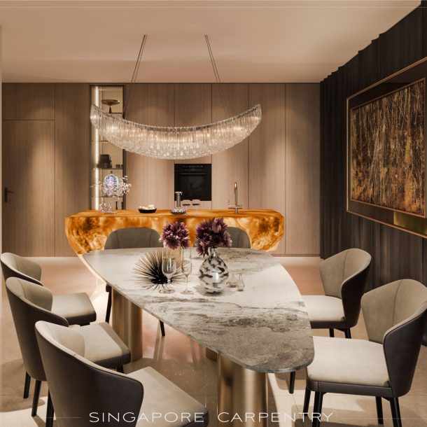 marble dining table and amber sculptural island with chandelier at Euhabitat condominium, Singapore.