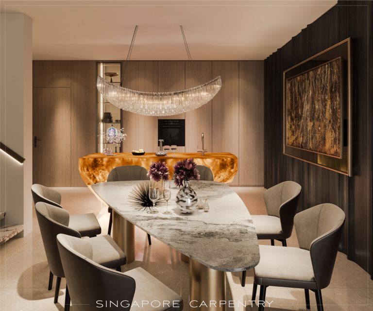marble dining table and amber sculptural island with chandelier at Euhabitat condominium, Singapore.