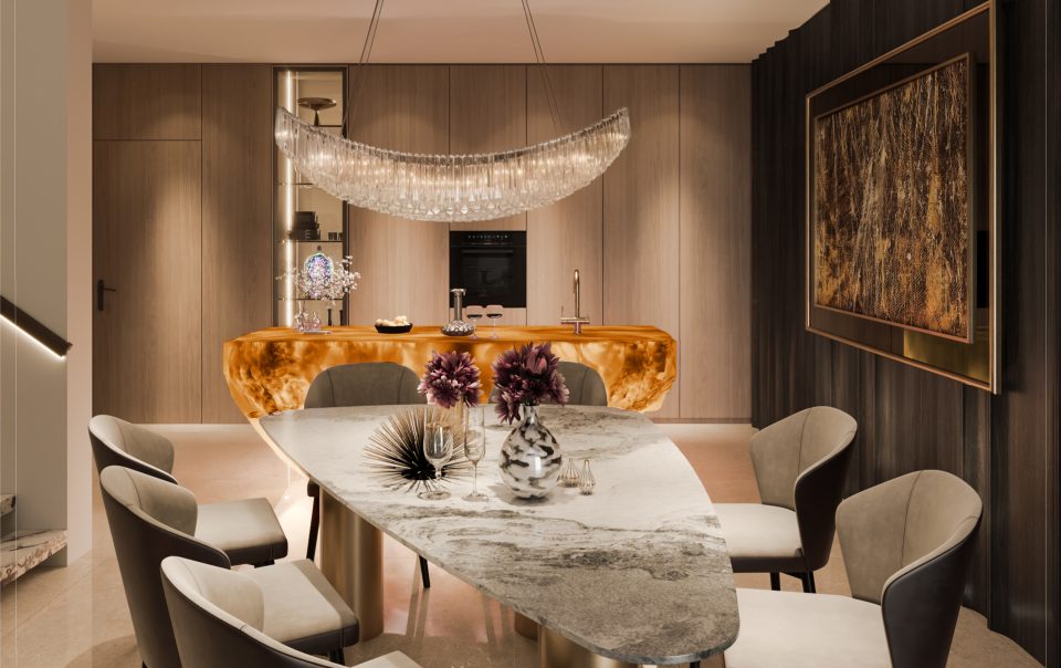 marble dining table and amber sculptural island with chandelier at Euhabitat condominium, Singapore.
