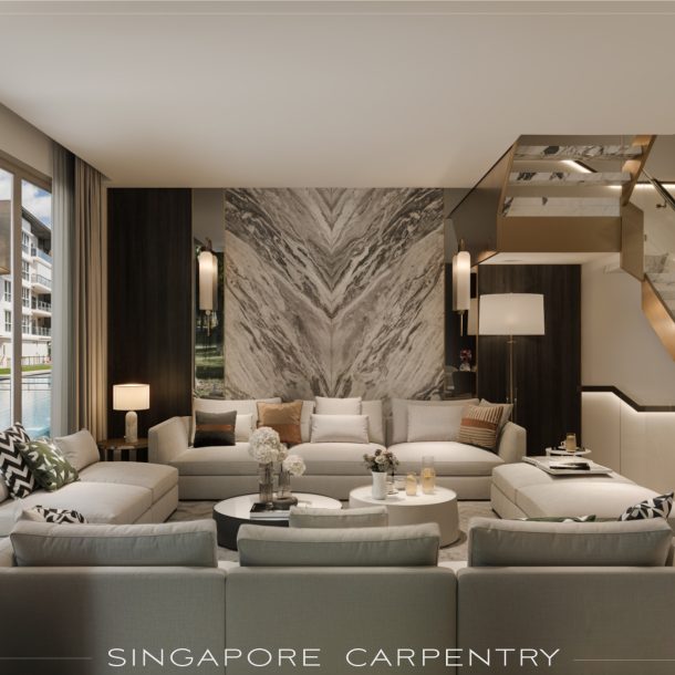 Modern living room at Euhabitat with bookmatched marble feature wall and pool-facing glazing
