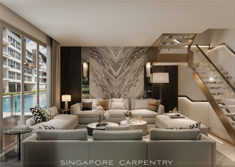 Modern living room at Euhabitat with bookmatched marble feature wall and pool-facing glazing